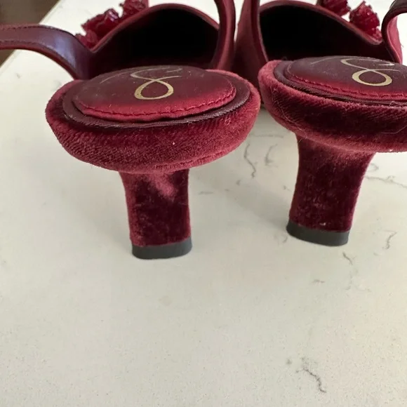 Sam Edelman Burgundy Velvet Heels with Floral Accent - Picture 2 of 5